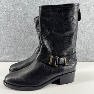 Fiorentini + Baker Boots Women 38 Black Leather Moto Biker Mid-Calf Zip Italy
